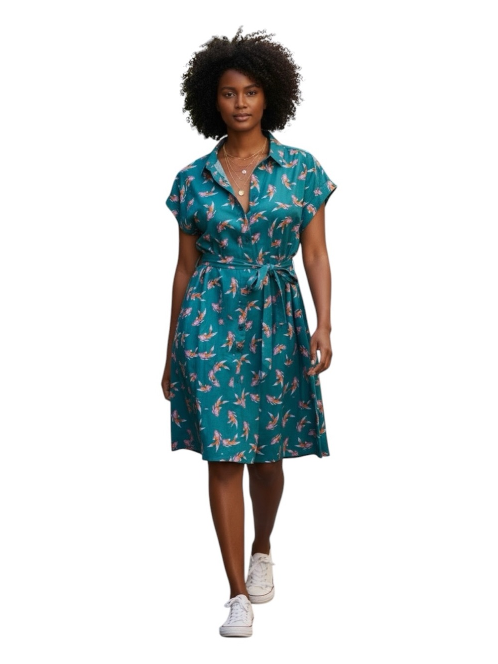 Anthropologie Maeve Teal Floral Button-Front Shirt Dress with Self Tie